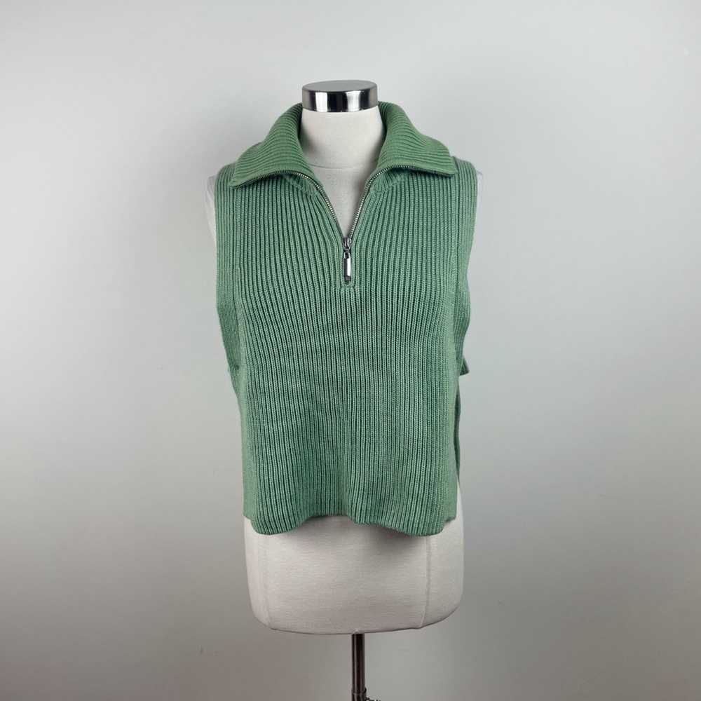 Arket Solid Green Ribbed Knit Zip Sweater Collared Women One Size Wool